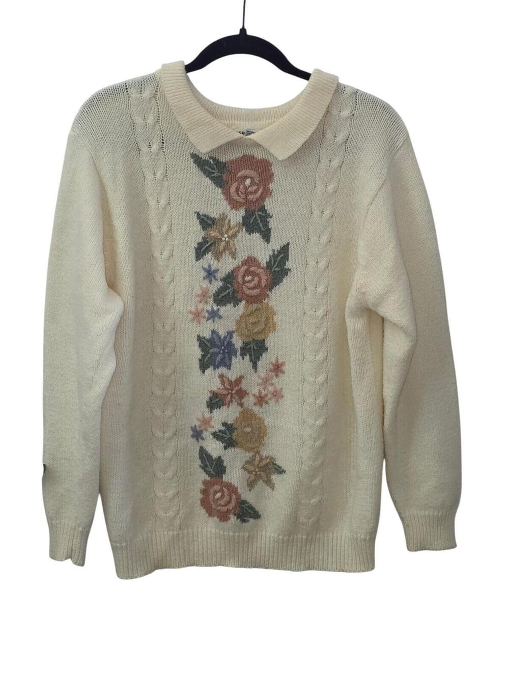 Vintage 1990s Alfred Dunner Floral Embroidered Knit Sweater Grandmacore Sz M